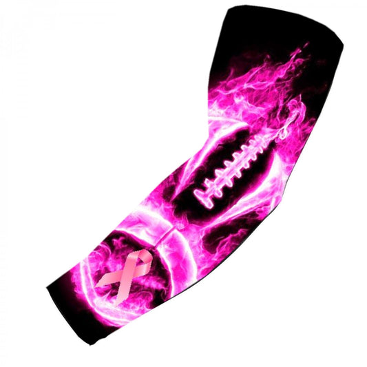 Sports Compression Arm Sleeve Pink Ribbon Cancer Awareness Football Flames