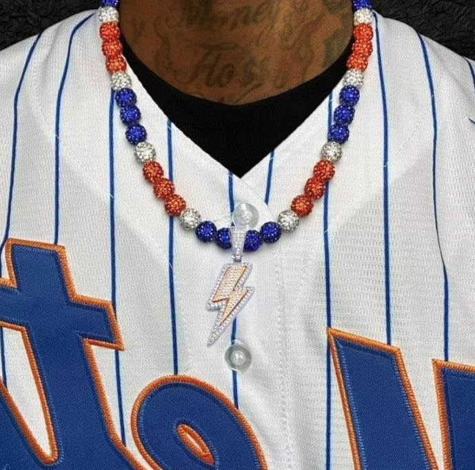 Iced Bling Disco Ball Rhinestone Pollyanna Crystal Bead Baseball Softball Necklace Orange, Blue + Lightning Pendant