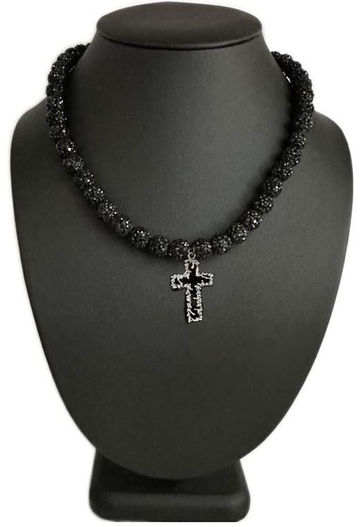 Iced Bling Disco Ball Rhinestone Crystal Beaded Baseball Drip Black Out Necklace + Barbed Wire Cross Pendant