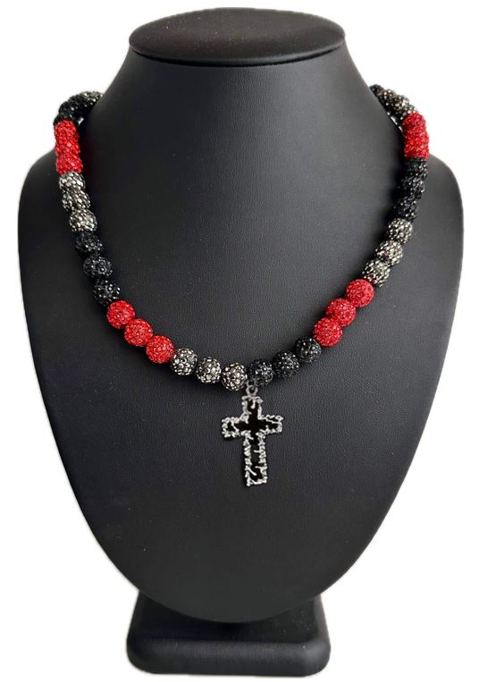 Iced Bling Disco Ball Rhinestone Crystal Beaded Baseball Drip Red Black Gray Necklace + Barbed Wire Cross Pendant