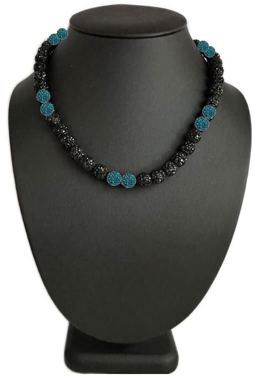 Iced Bling Disco Ball Rhinestone Crystal Bead Baseball Necklace Black Out Collection Teal Green