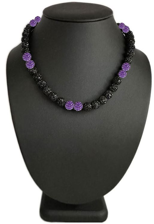 Iced Bling Disco Ball Rhinestone Crystal Bead Baseball Necklace Black Out Collection Purple
