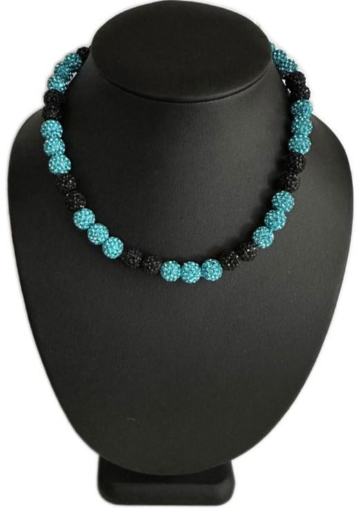 Iced Bling Disco Ball Rhinestone Crystal Bead Baseball Necklace Teal Blue Black