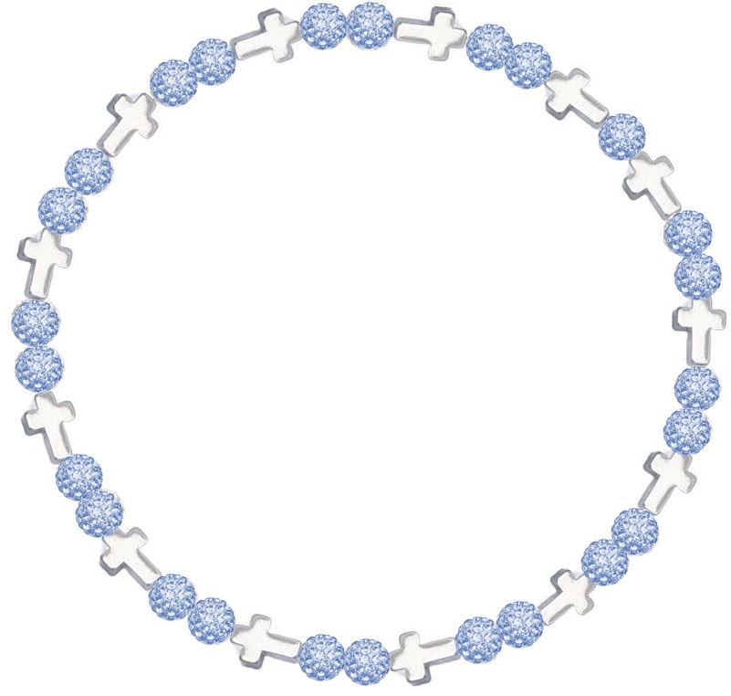 Iced Bling Disco Ball Rhinestone Crystal Bead Baseball Necklace Prayer Collection Sky Blue with Silver Crosses