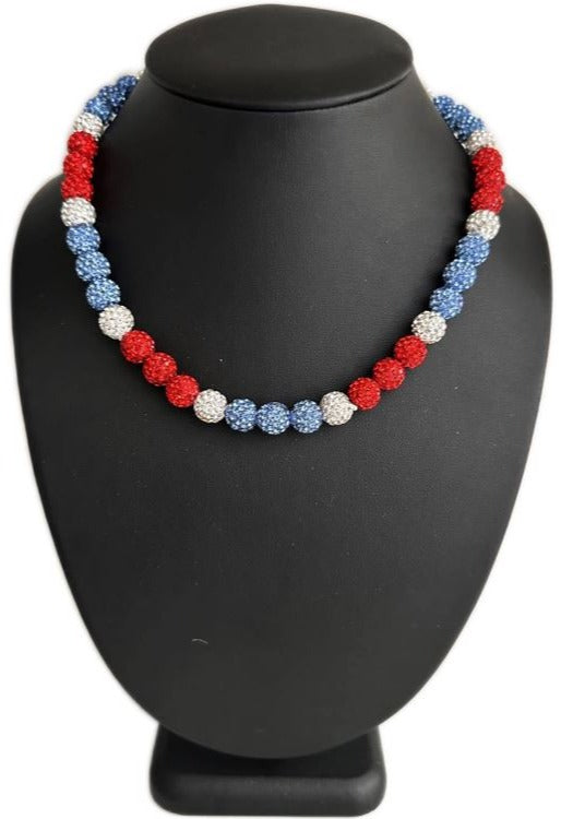 Iced Bling Disco Ball Rhinestone Crystal Bead Baseball Necklace Red Blue