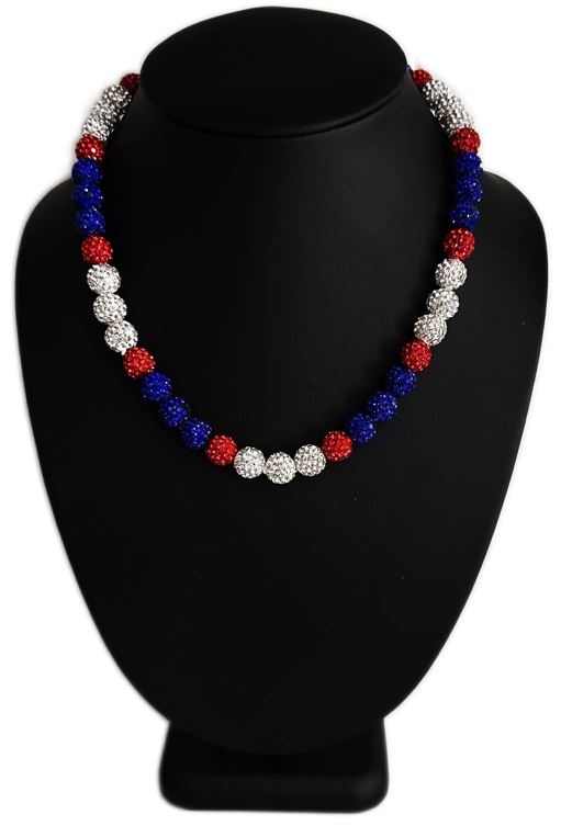 Iced Bling Disco Ball Rhinestone Crystal Bead Baseball Necklace Red White Blue II