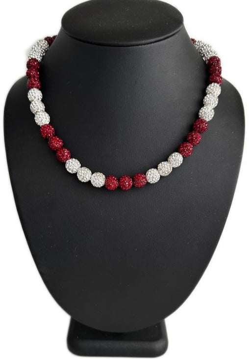 Iced Bling Disco Ball Rhinestone Crystal Bead Baseball Necklace Burgandy Maroon White