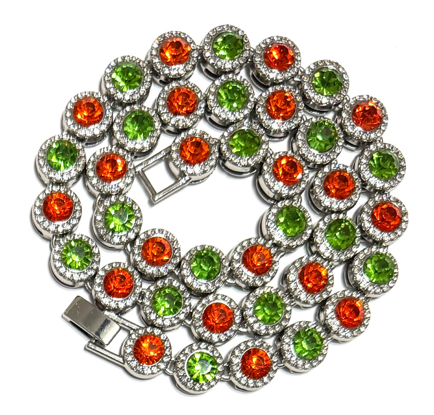 Team Colors Collection Iced CZ Silver Cluster Baseball Player Chain Necklace Orange Green