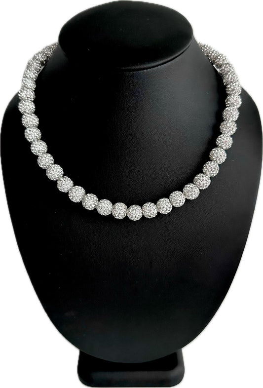 Iced Bling Disco Ball Rhinestone Crystal Bead Baseball Necklace Silver Snow