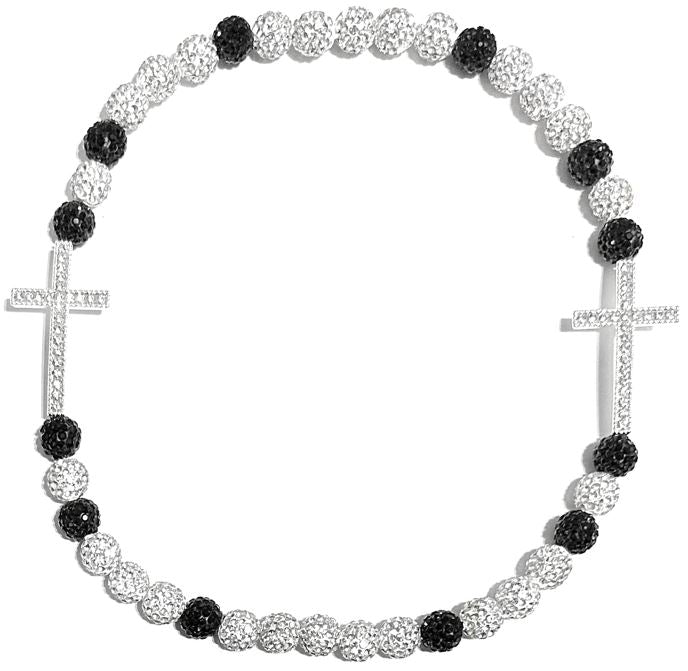 Iced Disco Ball Crystal Bead Baseball Necklace w/ Cross Black Silver