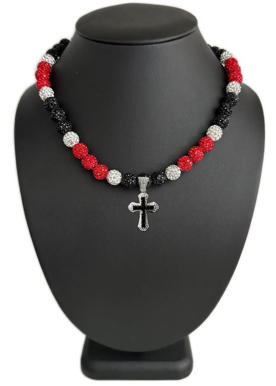 Iced Bling Disco Ball Rhinestone Crystal Beaded Baseball Drip Red White Black Necklace + Iced Cross Pendant