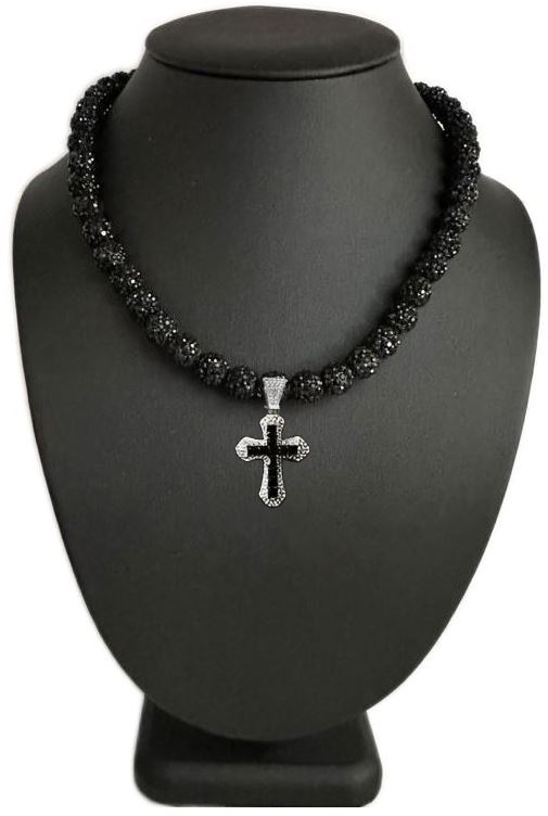 Iced Bling Disco Ball Rhinestone Crystal Beaded Baseball Drip Black Out Necklace + Iced Cross Pendant