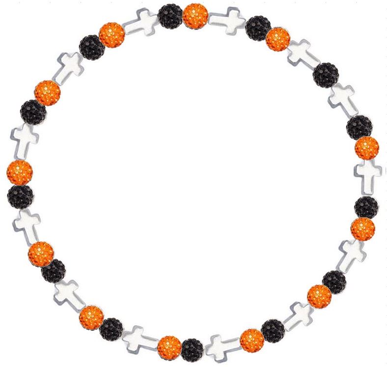 Iced Bling Disco Ball Rhinestone Crystal Bead Baseball Necklace Prayer Collection Black Orange with Silver Crosses