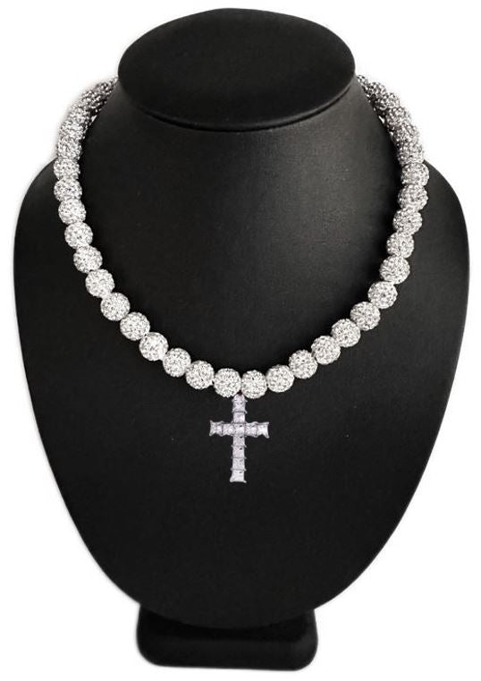 Iced Bling Disco Ball Rhinestone Crystal Beaded Baseball Drip Silver Snow Necklace + Iced Cross Pendant