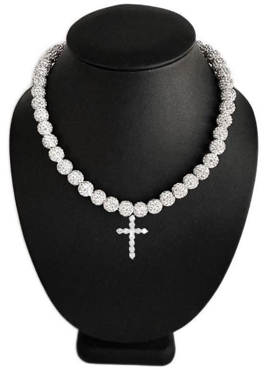 Iced Bling Disco Ball Rhinestone Crystal Beaded Baseball Drip Silver Snow Necklace + Iced Cross Pendant