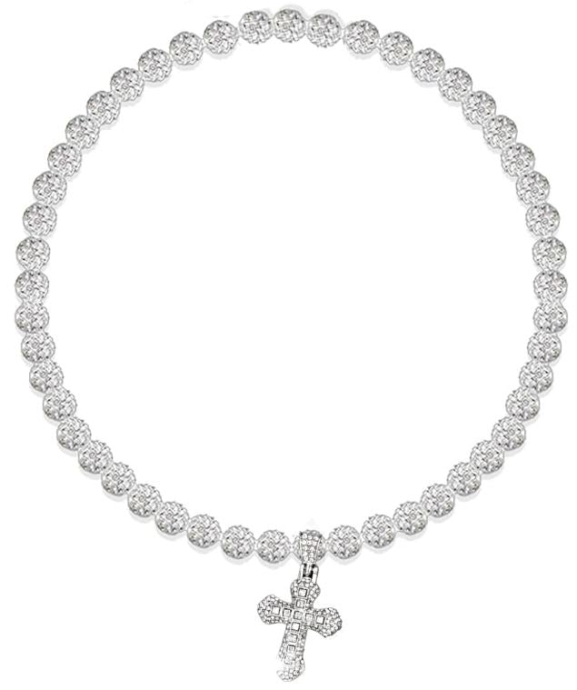 Iced Disco Ball Crystal Bead Baseball Drip Necklace w/ Iced Bling Silver Cross Pendant