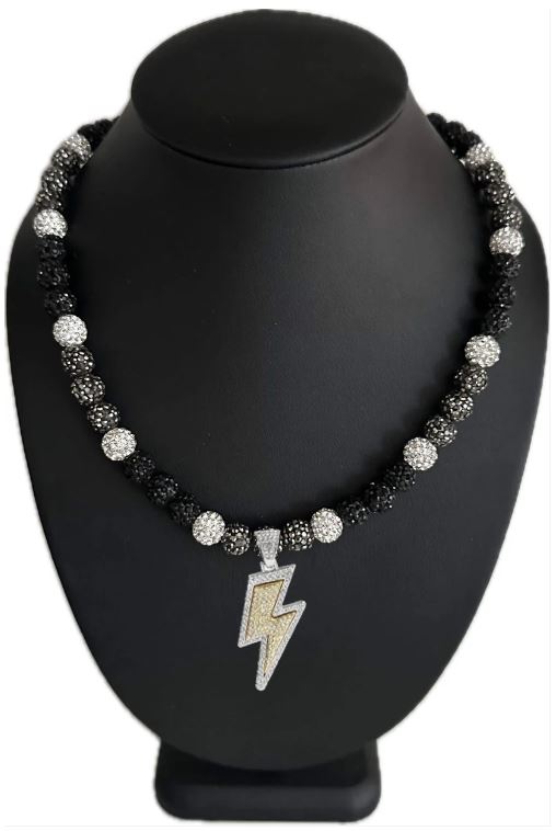 Iced Bling Disco Ball Rhinestone Crystal Bead Baseball Necklace Black Hematite Lightning