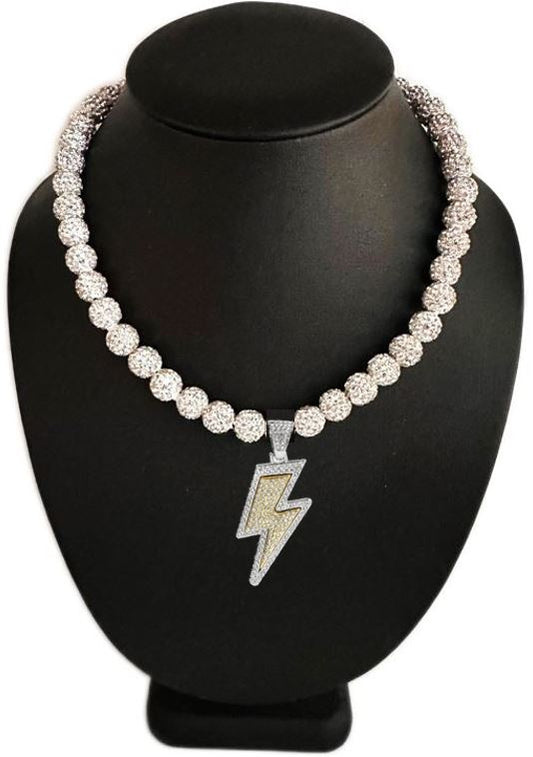 Iced Bling Disco Ball Rhinestone Crystal Bead Baseball Necklace White Out Lightning