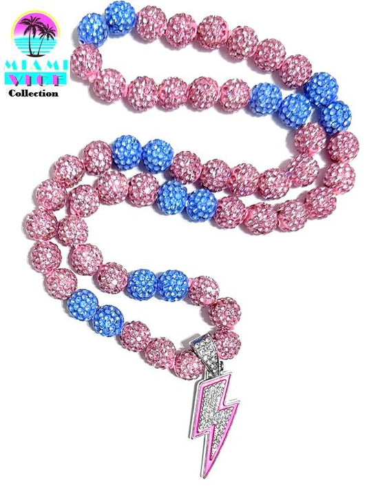 Iced Bling Disco Ball Rhinestone Crystal Bead Baseball Necklace Miami Vice Blue Pink Lightning