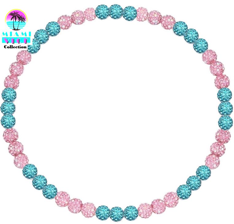 Iced Bling Disco Ball Rhinestone Crystal Bead Baseball Necklace Miami Vice Collection Pink Teal II
