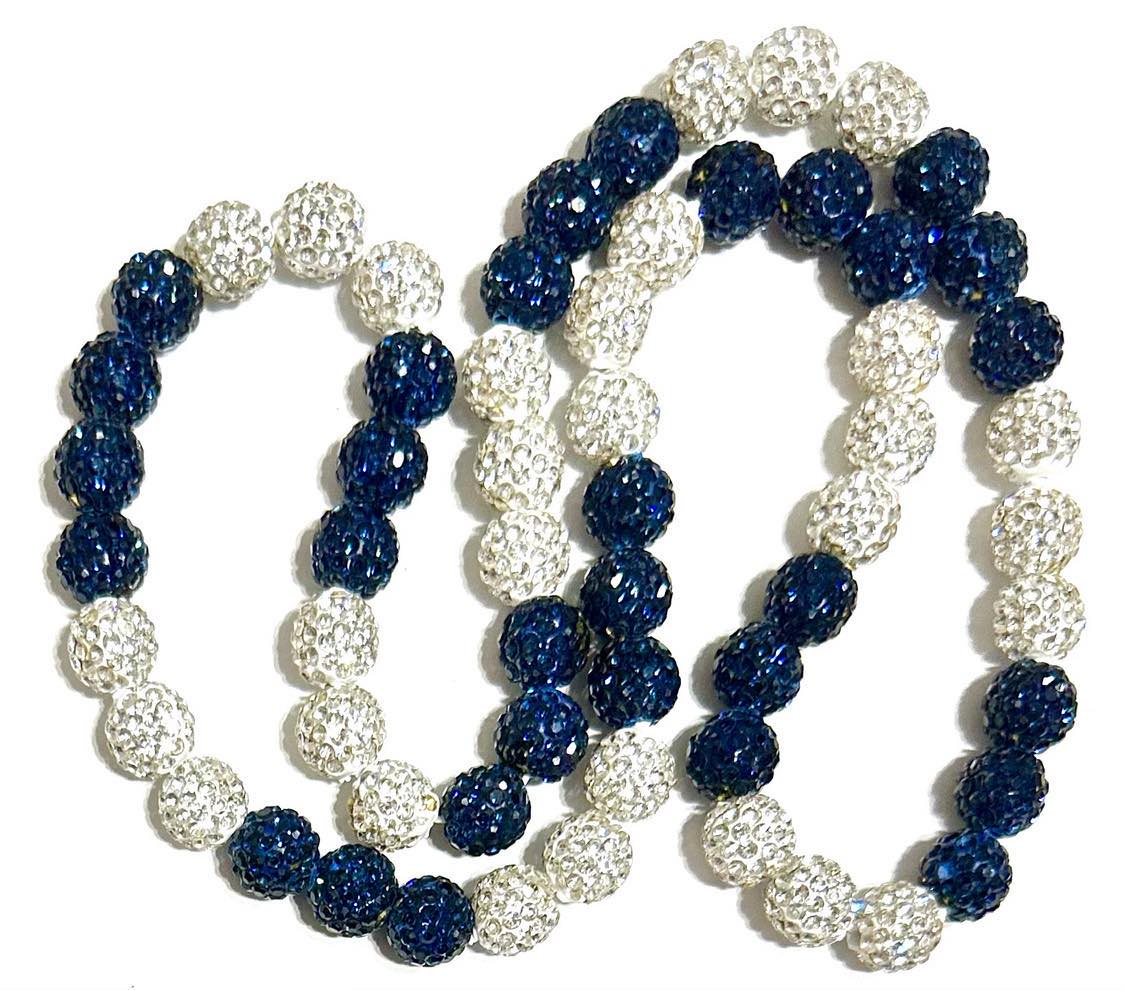 Iced Bling Disco Ball Rhinestone Crystal Bead Baseball Necklace Navy Blue, White