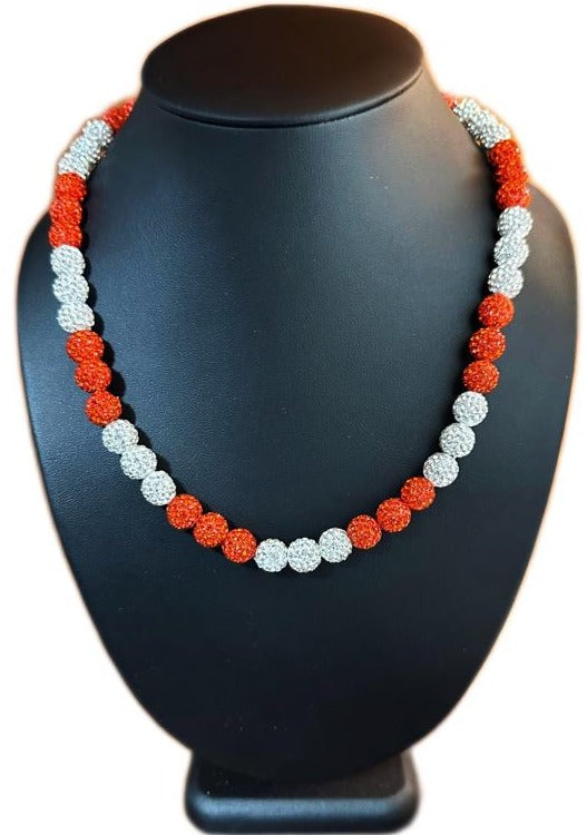 Iced Rhinestone Disco Ball Crystal Bead Baseball Necklace Orange White