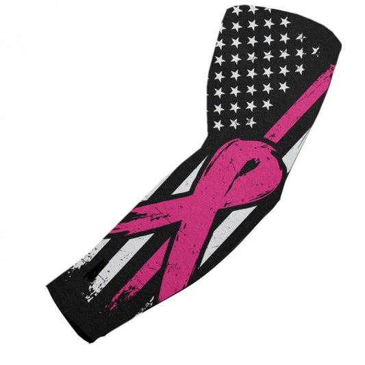 Sports Compression Arm Sleeve Pink Ribbon Cancer Awareness Flag