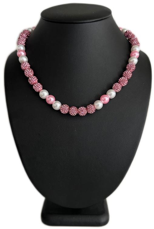 Iced Bling Disco Ball Rhinestone Crystal Bead Pearl Baseball Softball Necklace Pink Out