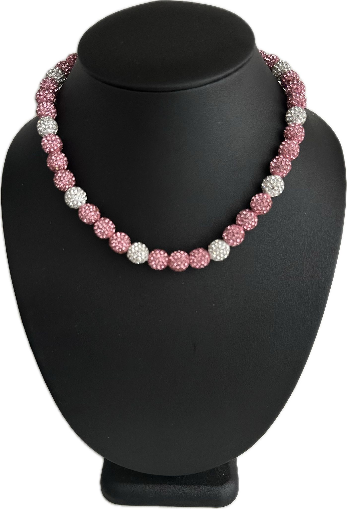 Iced Rhinestone Crystal Disco Ball Crystal Bead Baseball Softball Necklace Pink Ribbon Month
