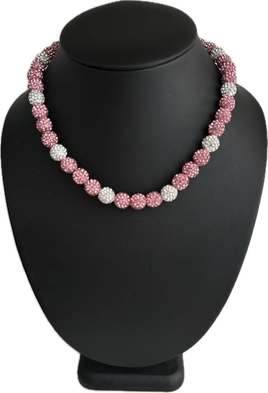 Iced Rhinestone Crystal Disco Ball Crystal Bead Baseball Softball Necklace Pink Ribbon Month