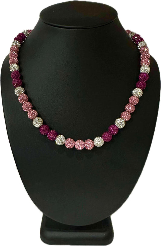 Iced Bling Disco Ball Rhinestone Crystal Bead Baseball Softball Necklace Hot Pink