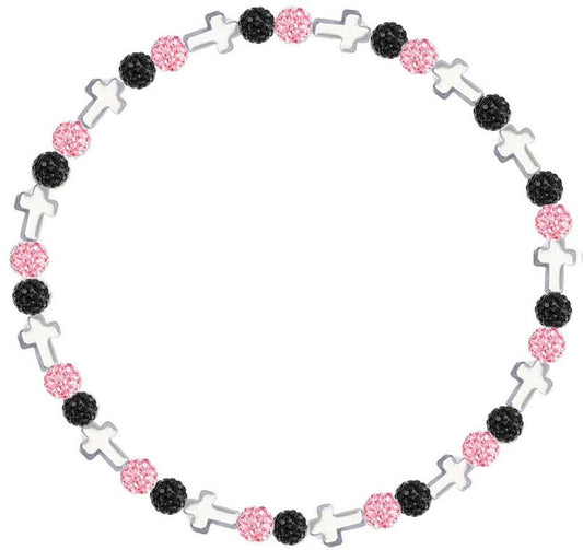 Iced Bling Disco Ball Rhinestone Crystal Bead Baseball Necklace Prayer Collection Pink Black with Silver Crosses