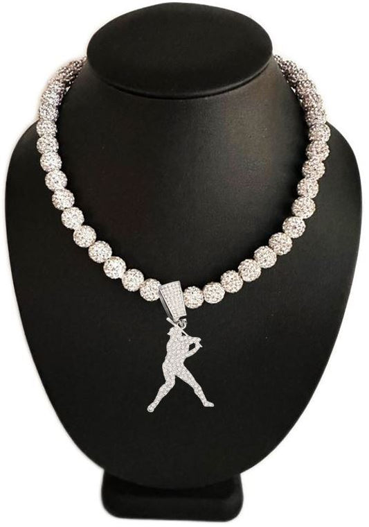 Iced Bling Disco Ball Rhinestone Crystal Bead Baseball Necklace White Silver Player Swing Pendant