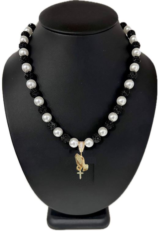 Iced Bling Disco Ball Rhinestone Crystal Beaded Baseball Drip Black Pearl Necklace + Jesus Prayer Hands