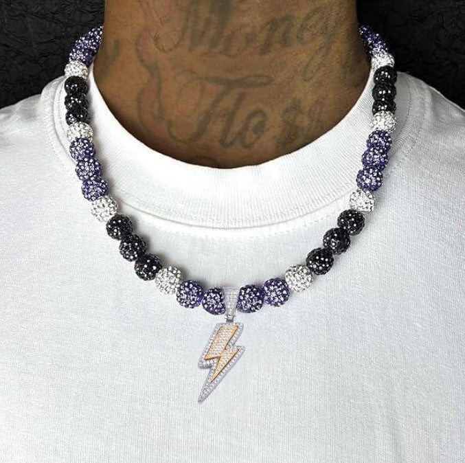 Iced Bling Disco Ball Rhinestone Pollyanna Crystal Bead Baseball Softball Necklace Purple, Black + Lightning Pendant