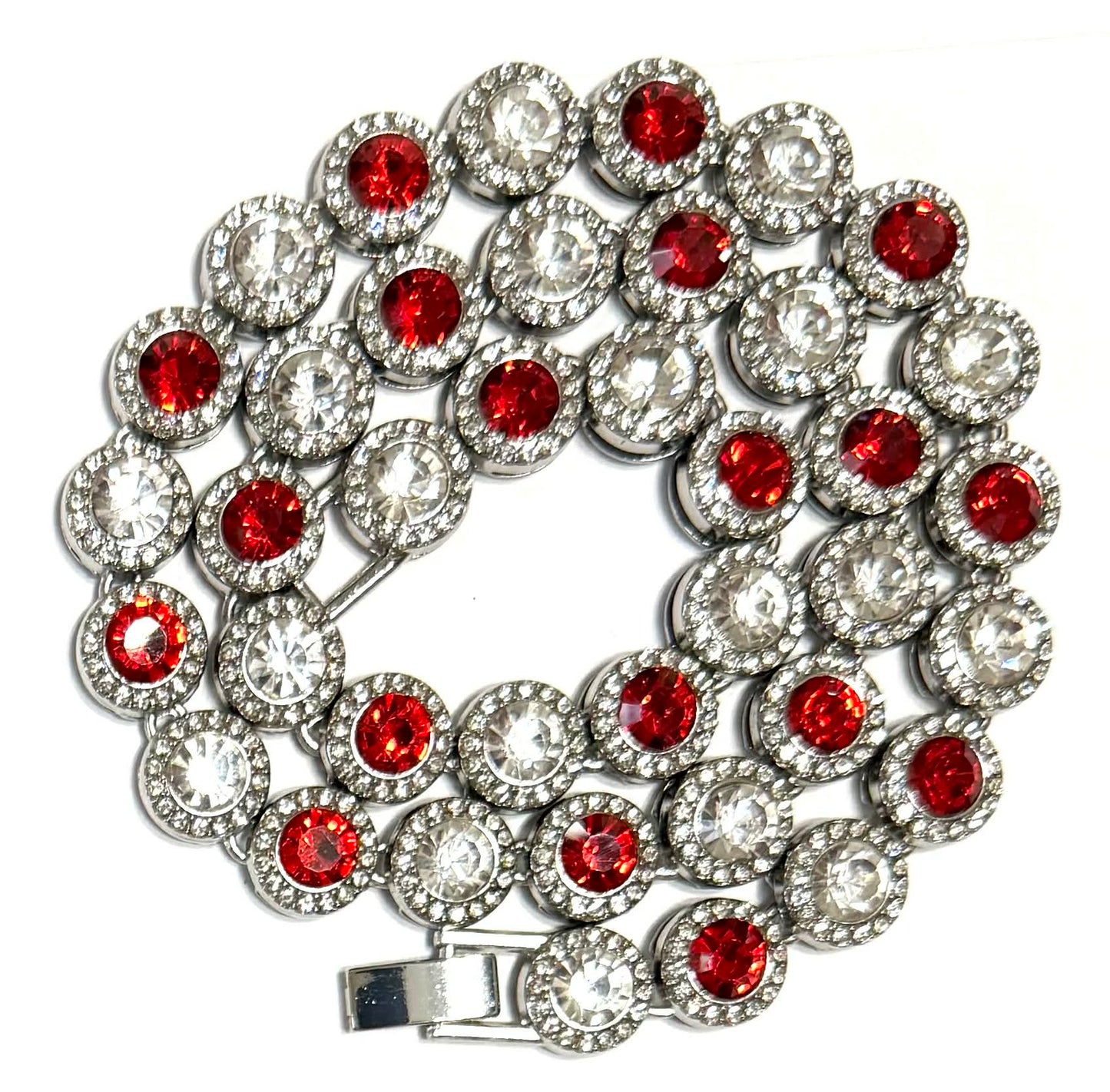 Team Colors Collection Iced CZ Silver Cluster Baseball Player Chain Necklace Red White