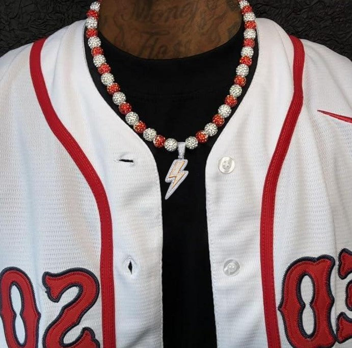 Iced Bling Disco Ball Rhinestone Pollyanna Crystal Bead Baseball Softball Necklace Red, White + Lightning Pendant