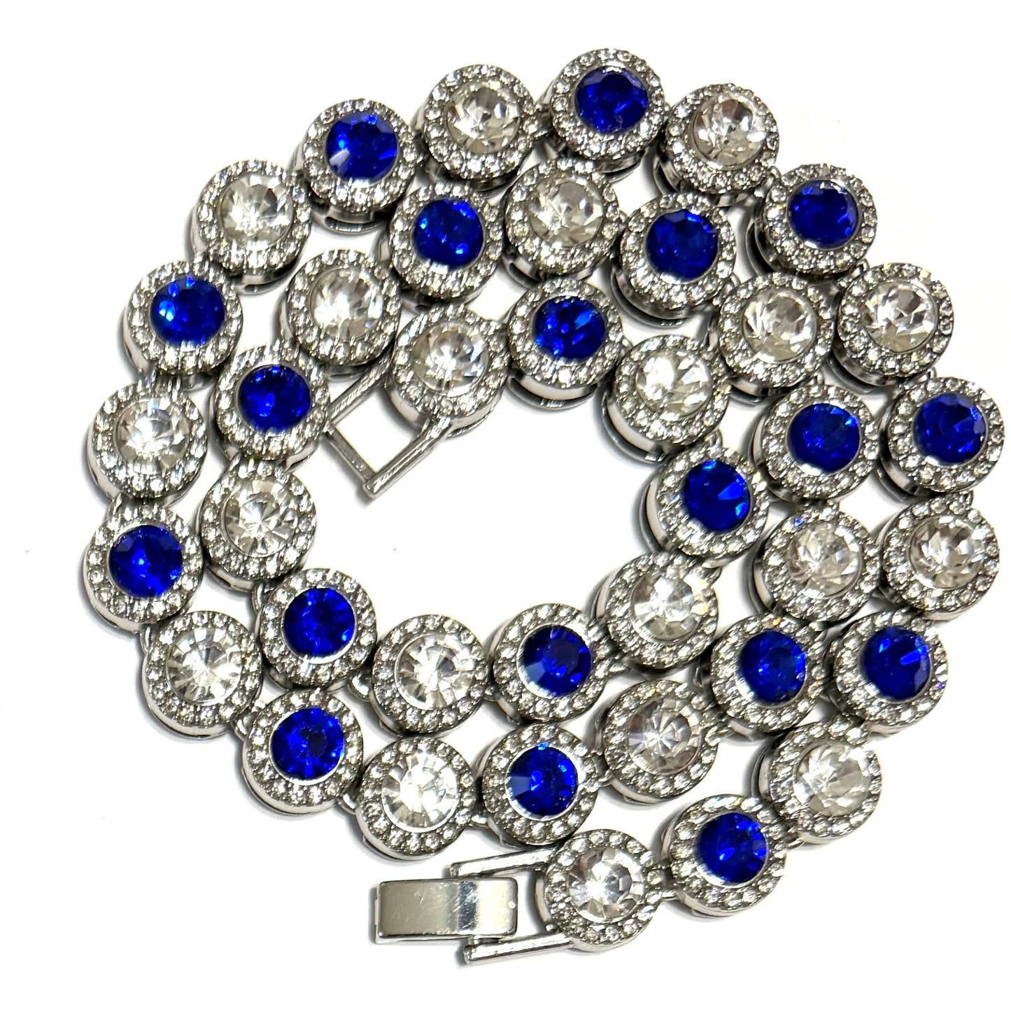 Team Colors Collection Iced CZ Silver Cluster Baseball Player Chain Necklace Royal Blue White (Copy)