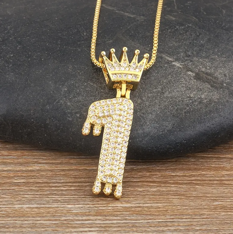 14K Gold Plated Iced CZ Baseball Number Pendant Necklace Crown #1