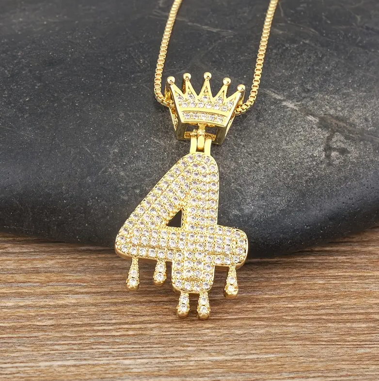 14K Gold Plated Iced CZ Baseball Number Pendant Necklace Crown #4