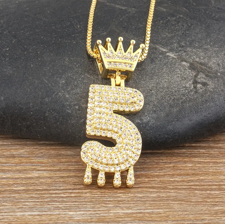 14K Gold Plated Iced CZ Baseball Number Pendant Necklace Crown #5