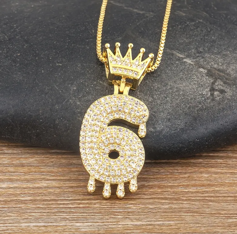 14K Gold Plated Iced CZ Baseball Number Pendant Necklace Crown #6