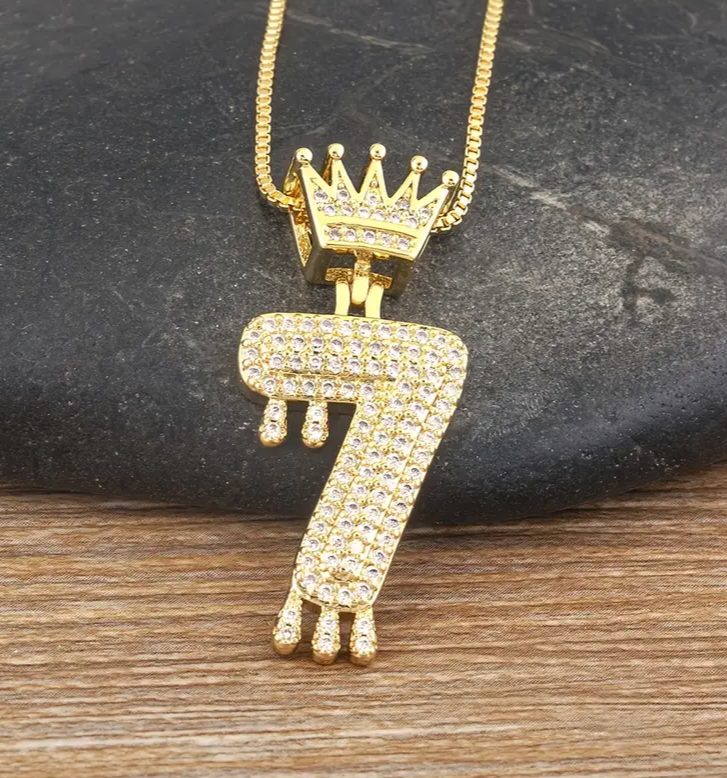 14K Gold Plated Iced CZ Baseball Number Pendant Necklace Crown #7