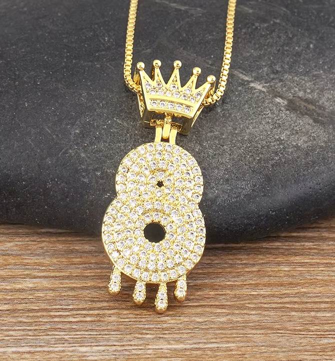 14K Gold Plated Iced CZ Baseball Number Pendant Necklace Crown #8
