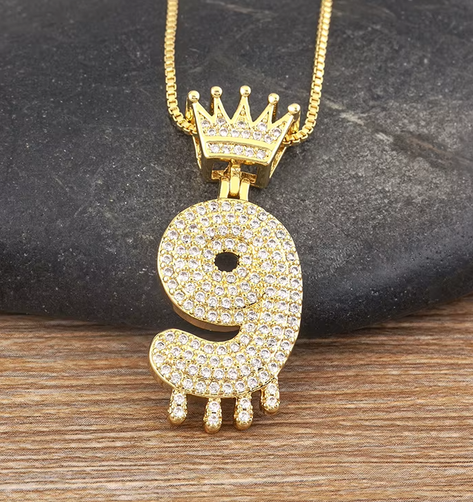 14K Gold Plated Iced CZ Baseball Number Pendant Necklace Crown #9