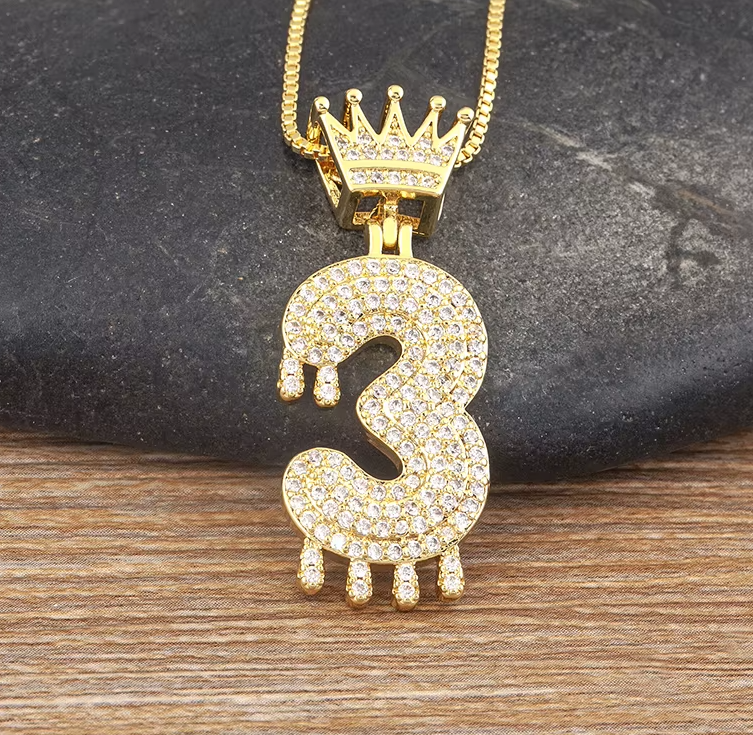 14K Gold Plated Iced CZ Baseball Number Pendant Necklace Crown #3