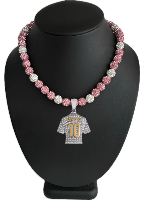 Iced Bling Disco Ball Rhinestone Pollyanna Crystal Bead Soccer Necklace Miami Pink + Messi Pendant