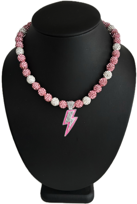 Iced Bling Disco Ball Rhinestone Crystal Bead Baseball Softball Necklace Miami Pink Lightning