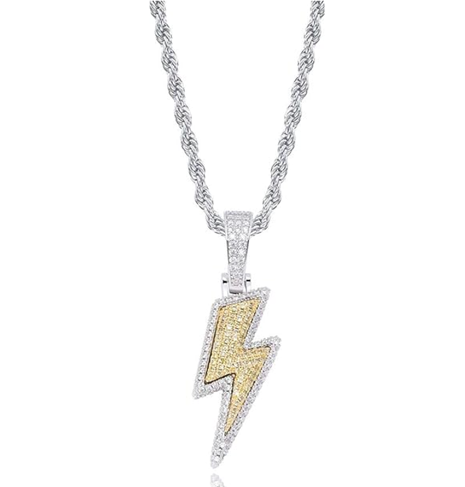 Iced Gold & Silver Lightning Bolt Pendant Rope Chain Necklace