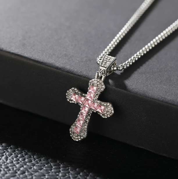 Iced Pink Cross Pendant Stainless Steel Chain Necklace